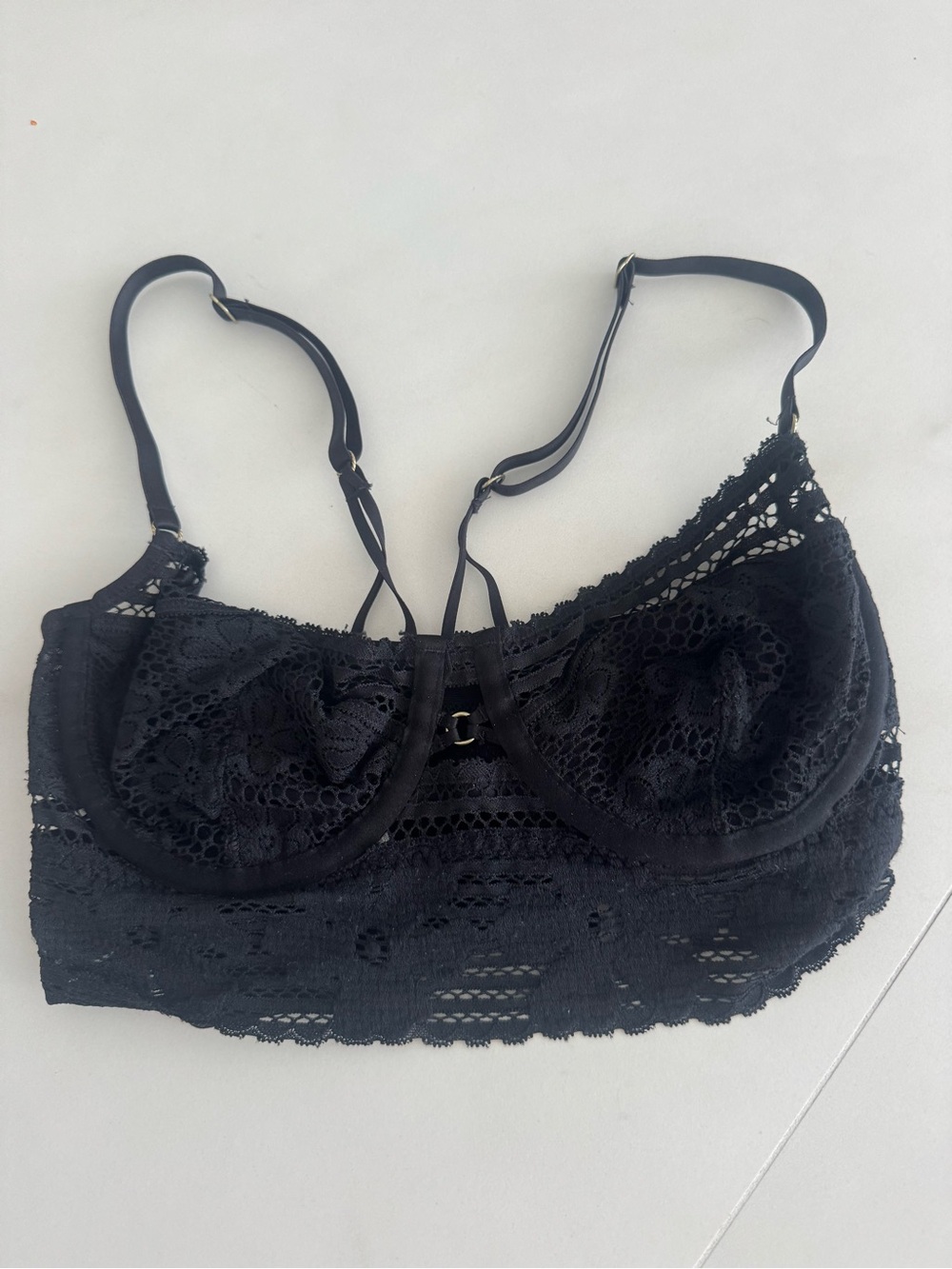 aerie Black Lace Longline Underwire Bralette with Strappy Detail